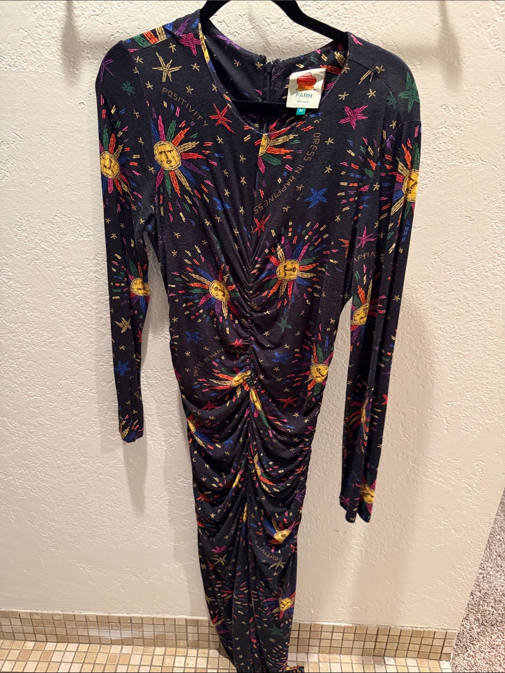 FARM Rio Black Long-Sleeve Ruched Sun & Star Maxi Dress